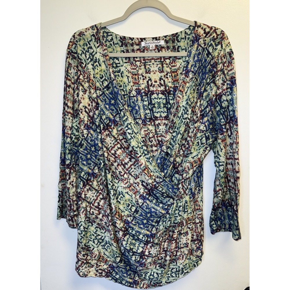 NorthStyle Top Women's 1X Wrap Style Long Sleeve Abstract Mosiac V Neck Boho